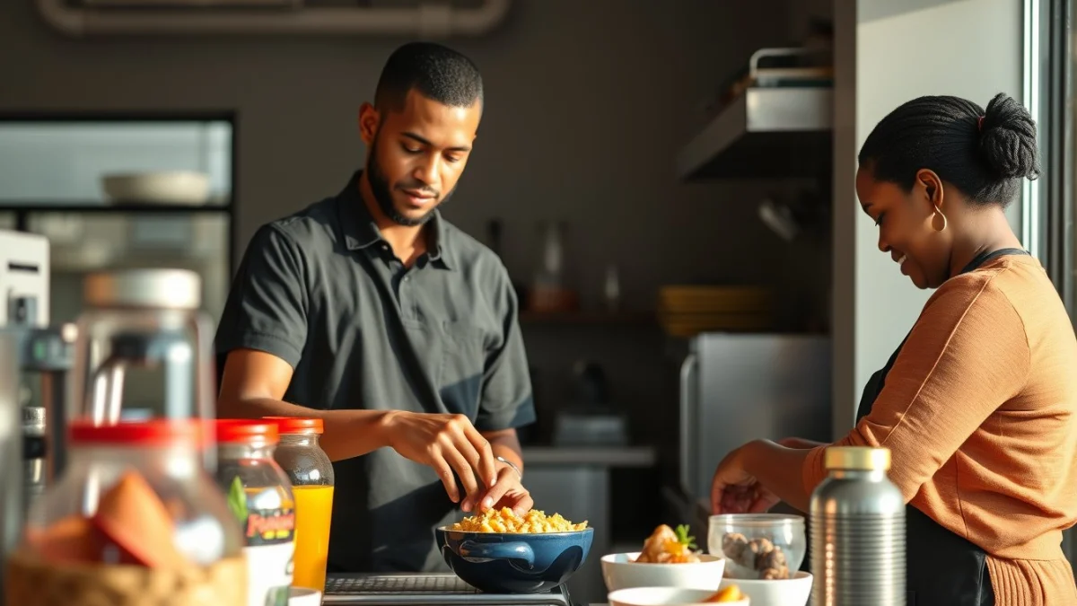 Person learning preparation techniques for common catering foods in a modern educational setting