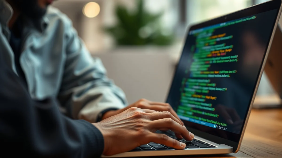Person learning artificial intelligence skills on a laptop in a modern workspace