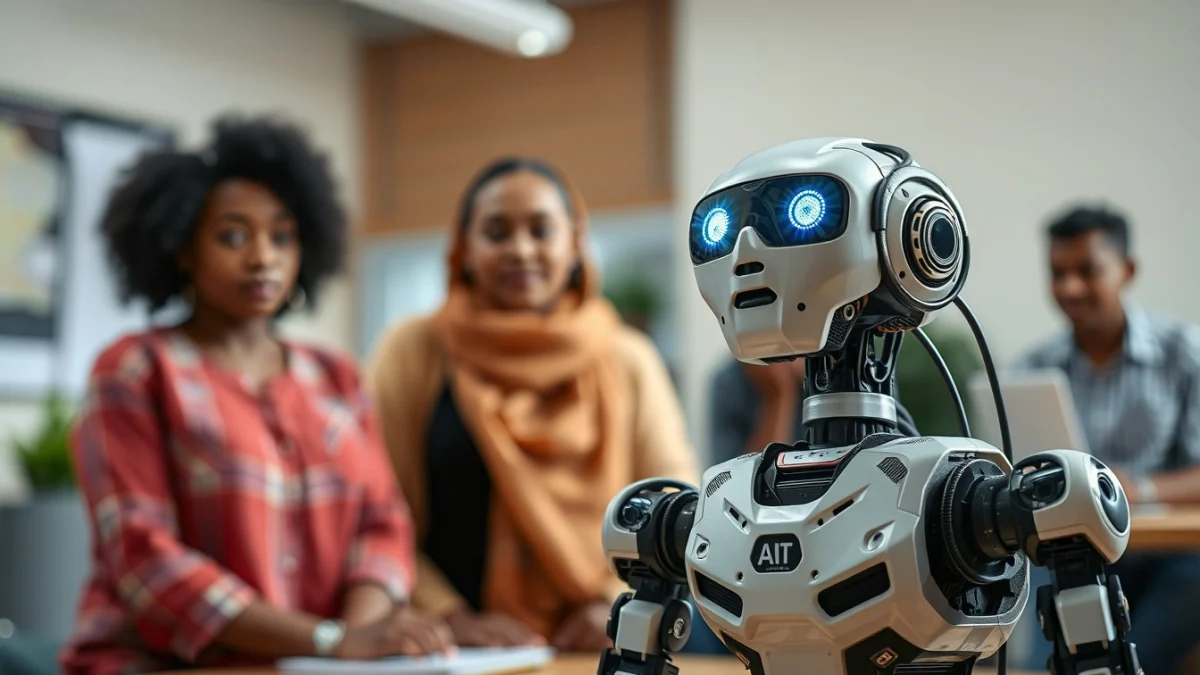 Person learning artificial intelligence skills on a laptop in a modern workspace