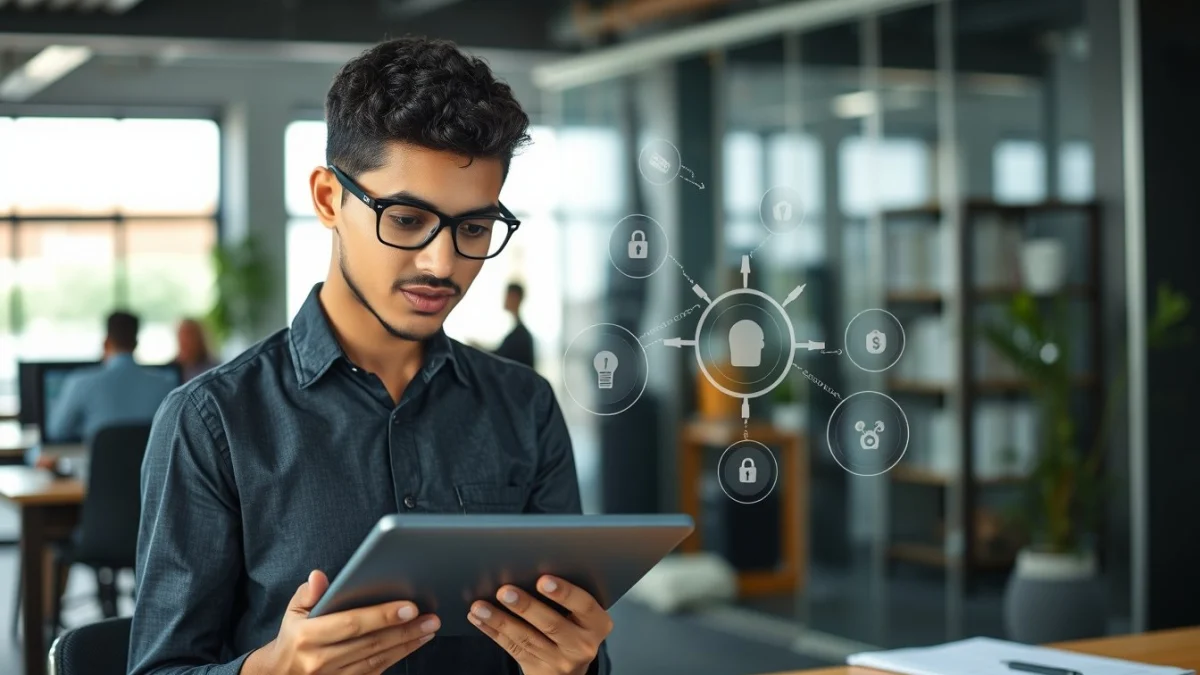 Person learning artificial intelligence skills on a laptop in a modern workspace