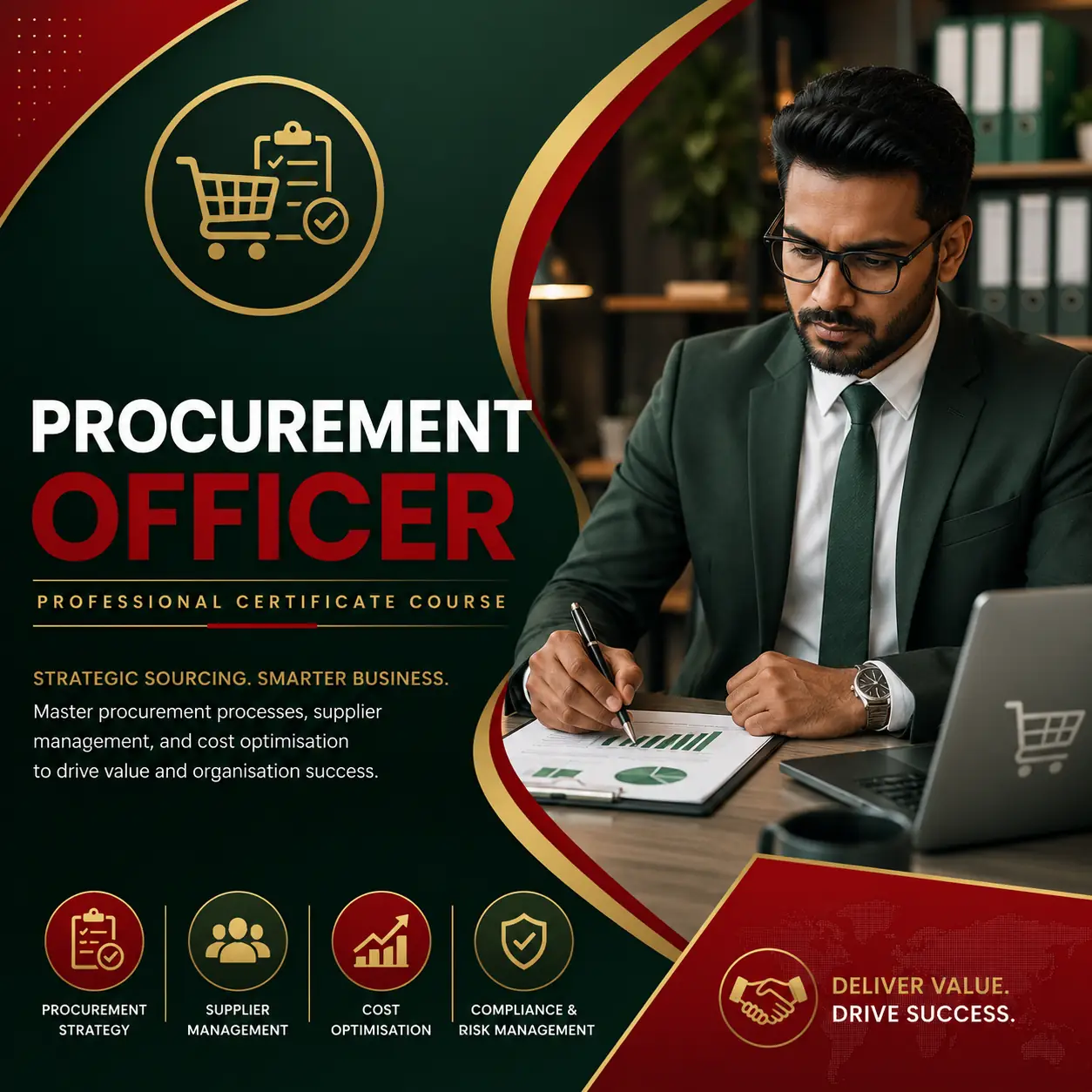 Procurement Officer course cover featuring a procurement professional reviewing purchasing reports, supplier documentation, and procurement strategy in a premium green and red design.