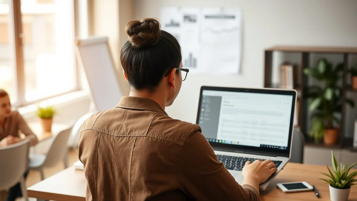 Person learning artificial intelligence skills on a laptop in a modern workspace