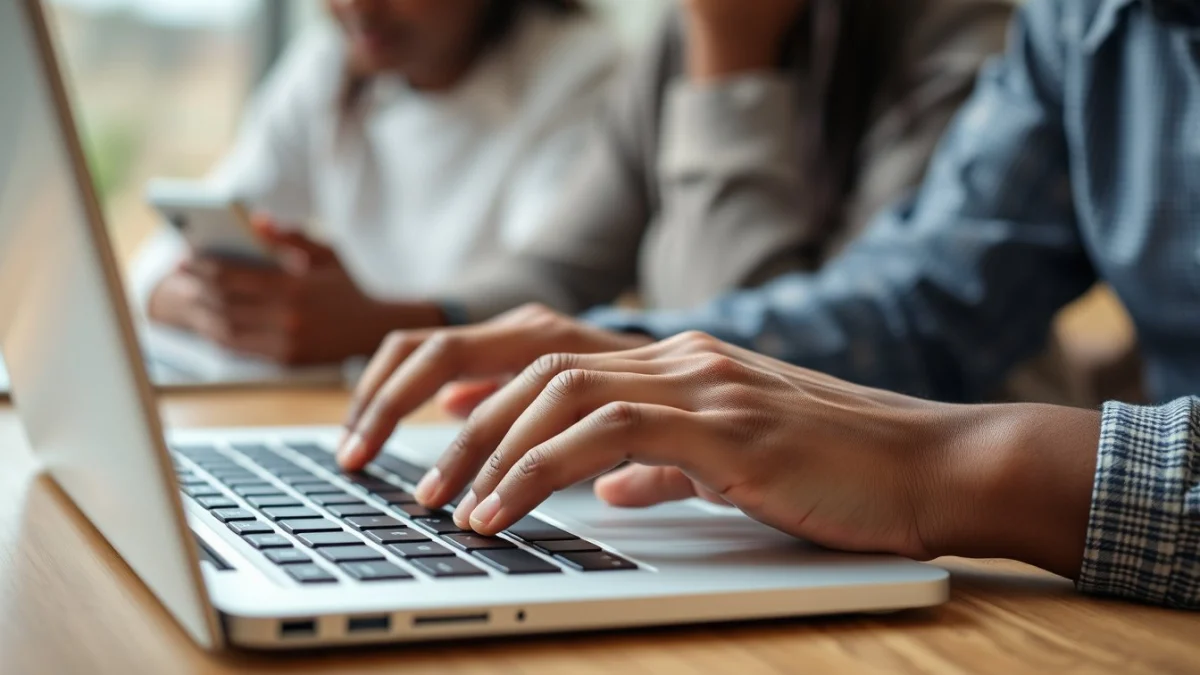 Person learning artificial intelligence skills on a laptop in a modern workspace