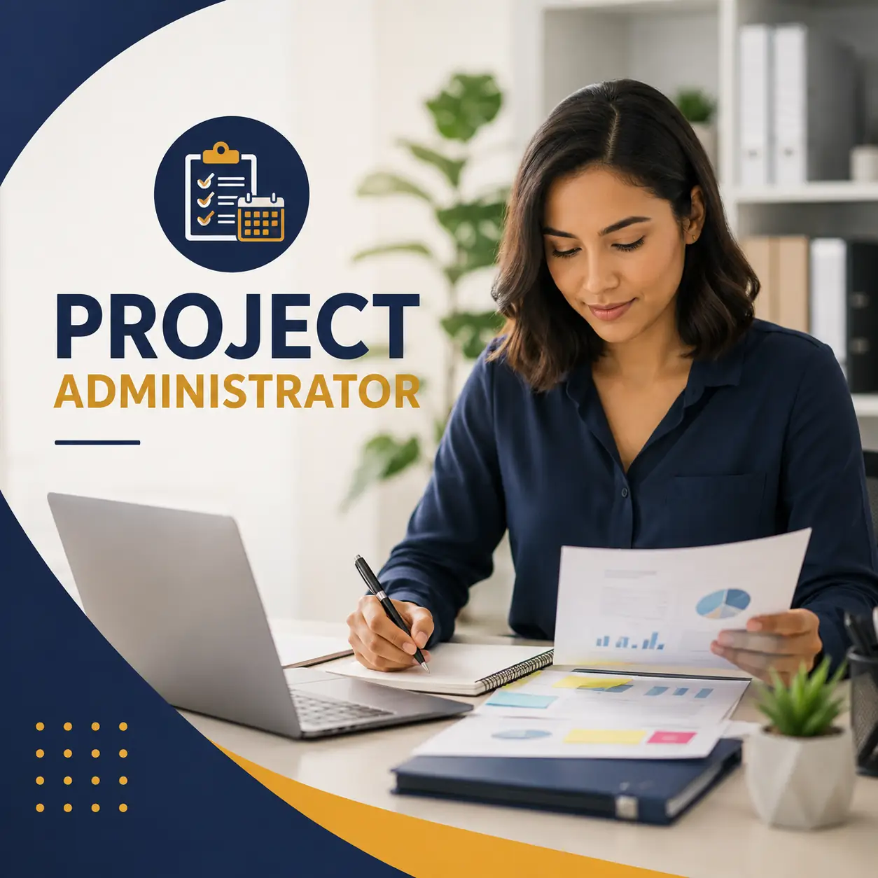 Project Administrator course cover featuring a professional managing project documents, schedules, reports, and planning tasks.