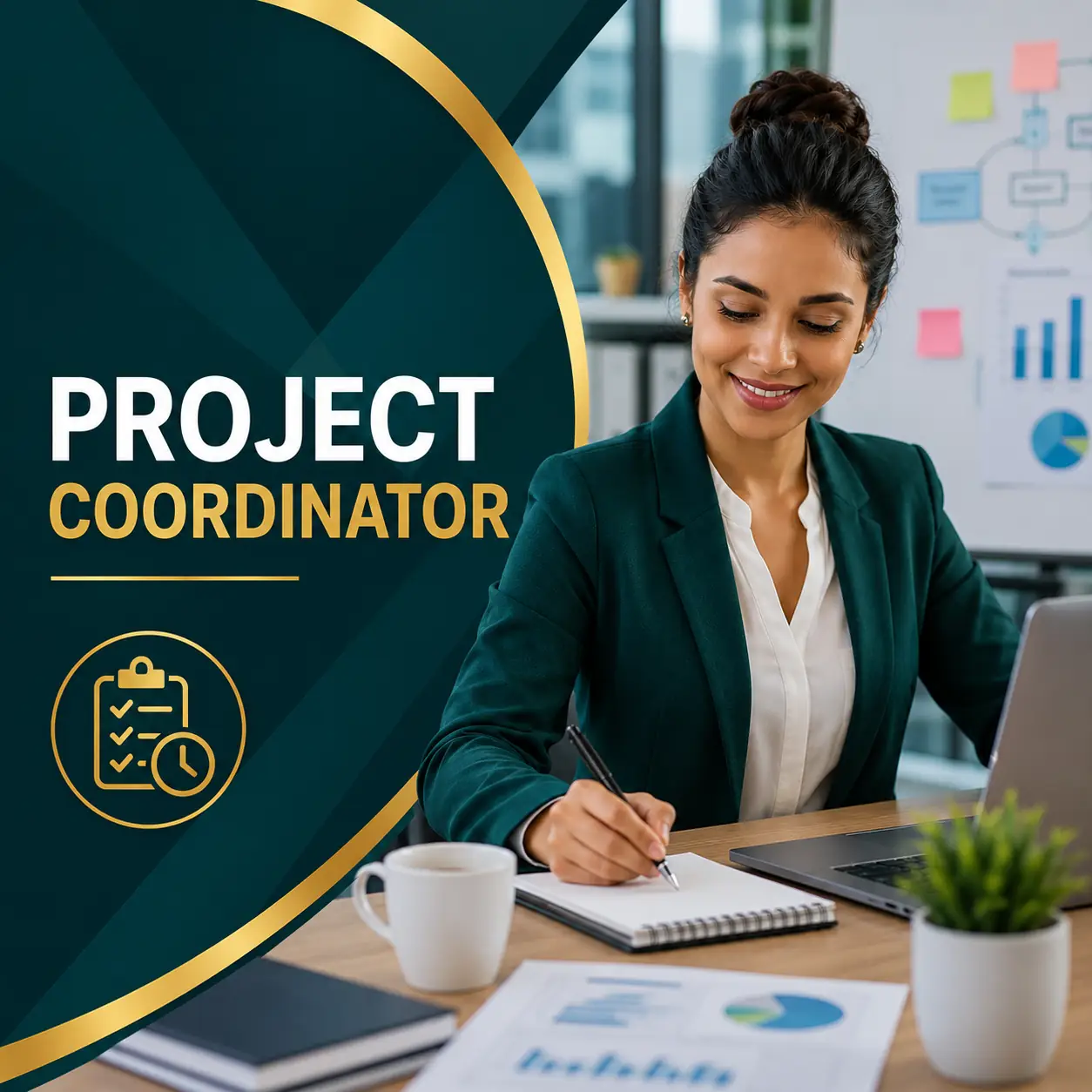 Project Coordinator course cover featuring a professional project coordinator planning tasks at a desk in a modern office with teal and gold branding.
