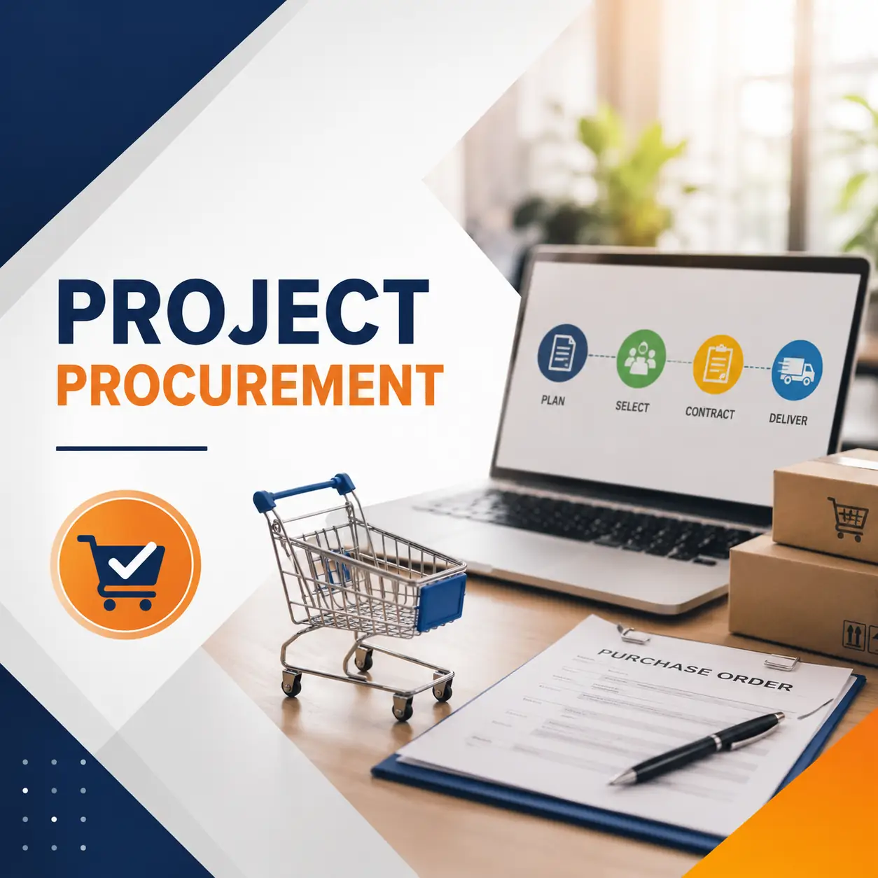 Project Procurement course cover featuring a procurement workflow, purchase order, shopping cart, and modern blue and orange business design.