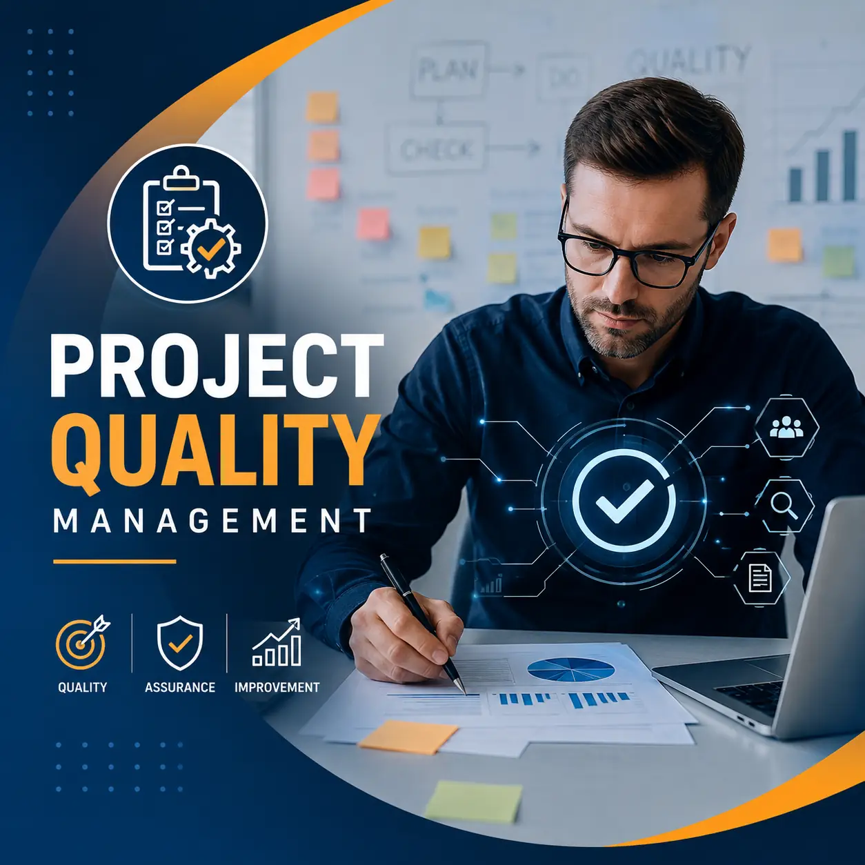 Project Quality Management course cover featuring a professional reviewing project quality reports, charts and assurance metrics.
