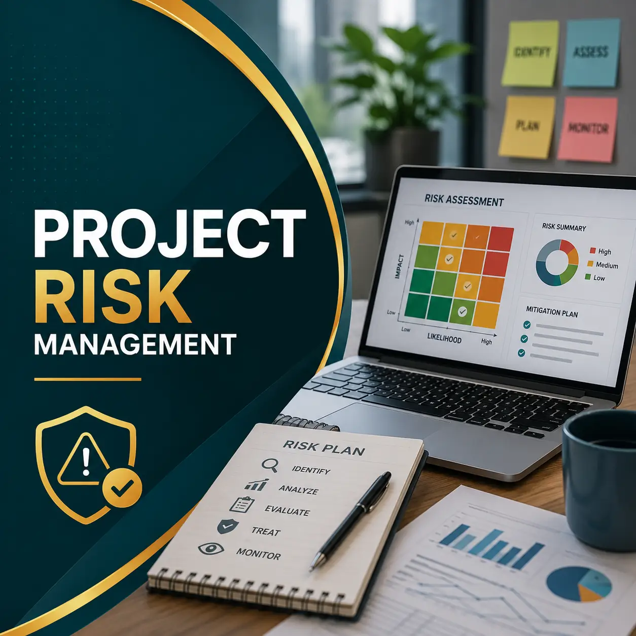 Project Risk Management course cover featuring a risk assessment dashboard, laptop, and risk planning workspace in a modern teal and gold design.