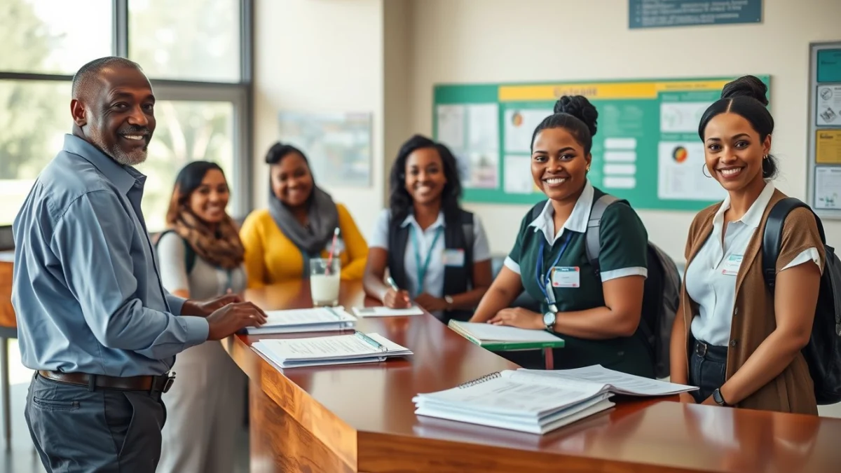 Person learning promoting a positive school at the front desk in a modern educational setting