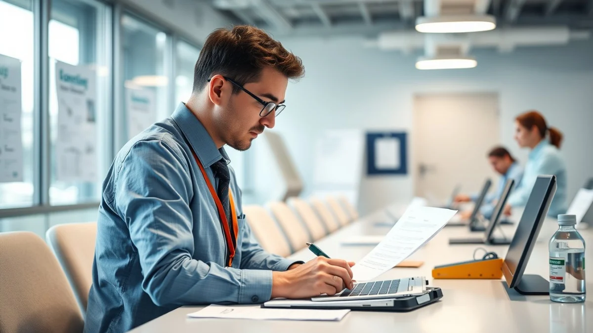Person learning artificial intelligence skills on a laptop in a modern workspace