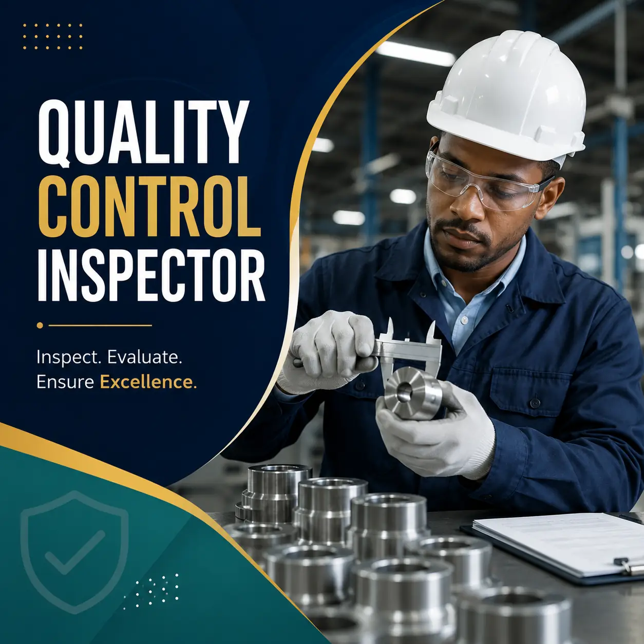 Quality Control Inspector course cover featuring a professional inspector measuring industrial components with precision tools in a manufacturing environment.