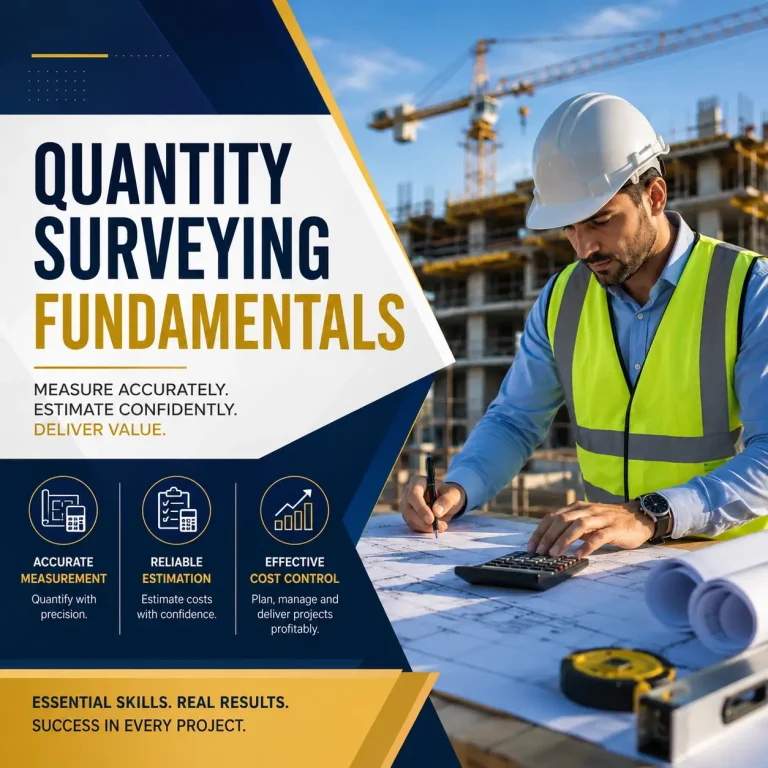 Quantity Surveying Fundamentals course cover featuring a quantity surveyor reviewing construction plans and cost calculations on a building site.