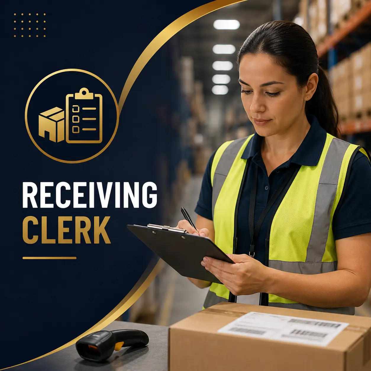 Premium Receiving Clerk course cover featuring a warehouse receiving clerk inspecting an incoming shipment with a clipboard in a modern distribution warehouse.