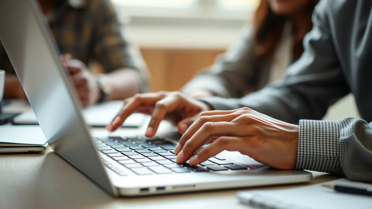 Person learning artificial intelligence skills on a laptop in a modern workspace