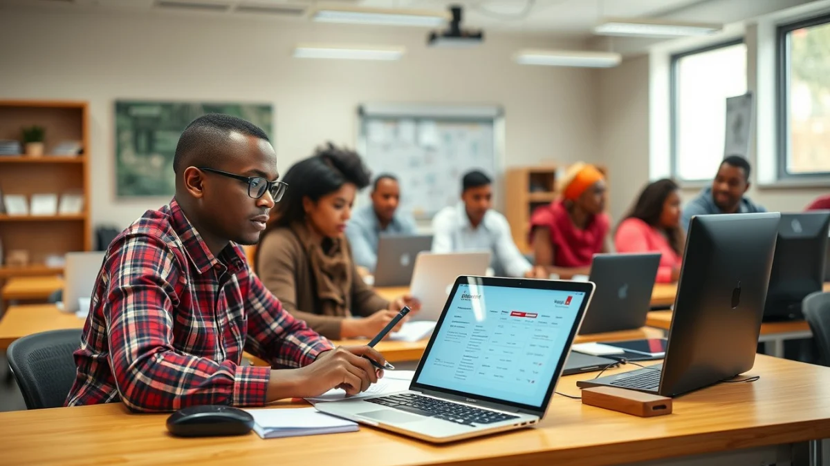 Person learning artificial intelligence skills on a laptop in a modern workspace