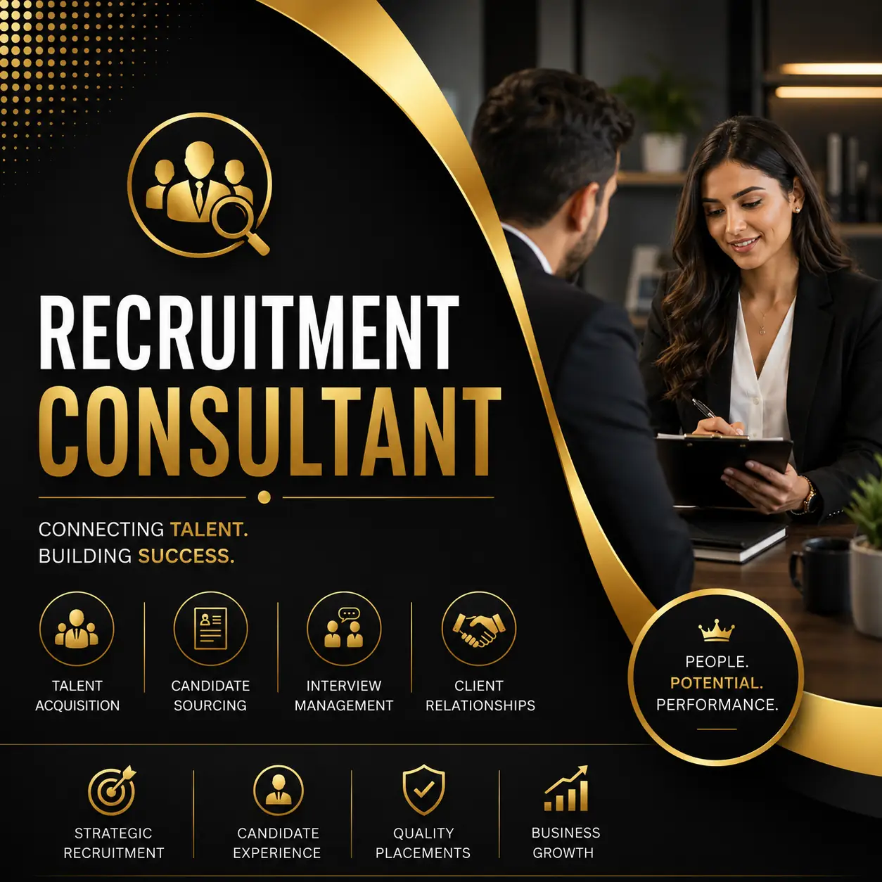 Recruitment Consultant course cover featuring a premium black and gold design with a recruiter interviewing a candidate in a modern office.