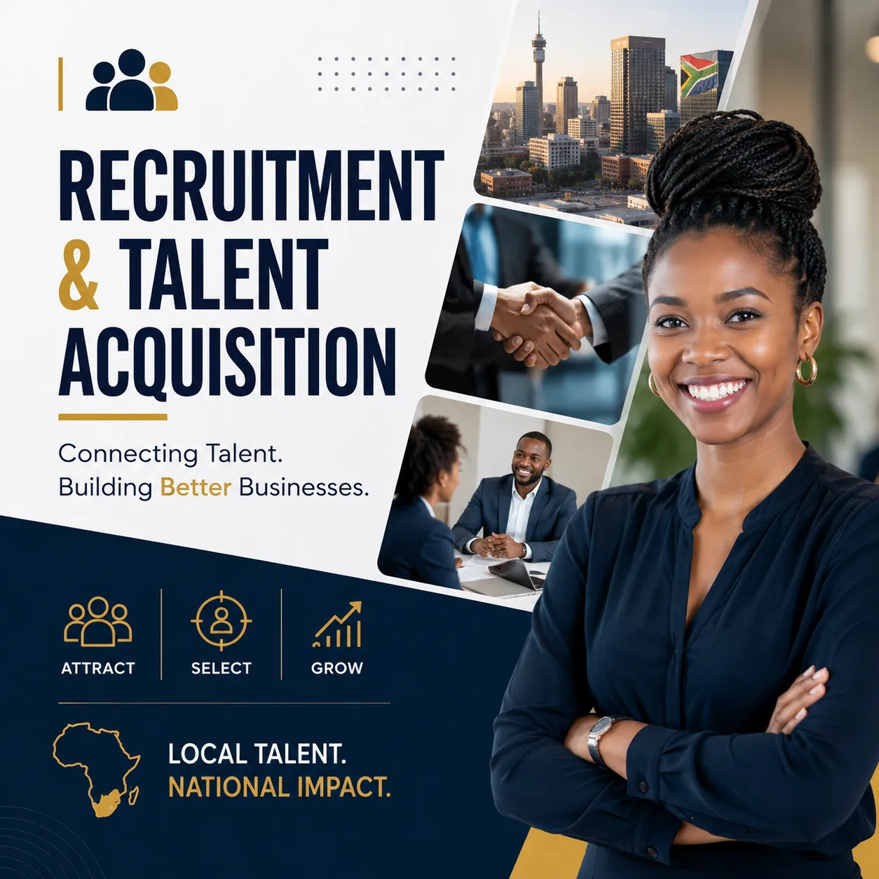 Premium recruitment and talent acquisition course cover featuring a confident South African businesswoman with corporate hiring and talent management visuals in a modern professional office setting.