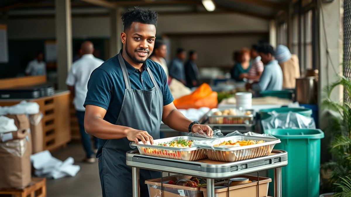 Person learning recycling and composting in catering in a modern educational setting