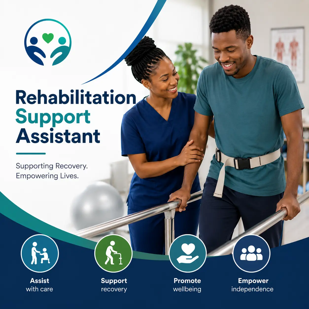 Rehabilitation Support Assistant course cover featuring a healthcare assistant helping a patient during rehabilitation therapy in a modern clinical setting.