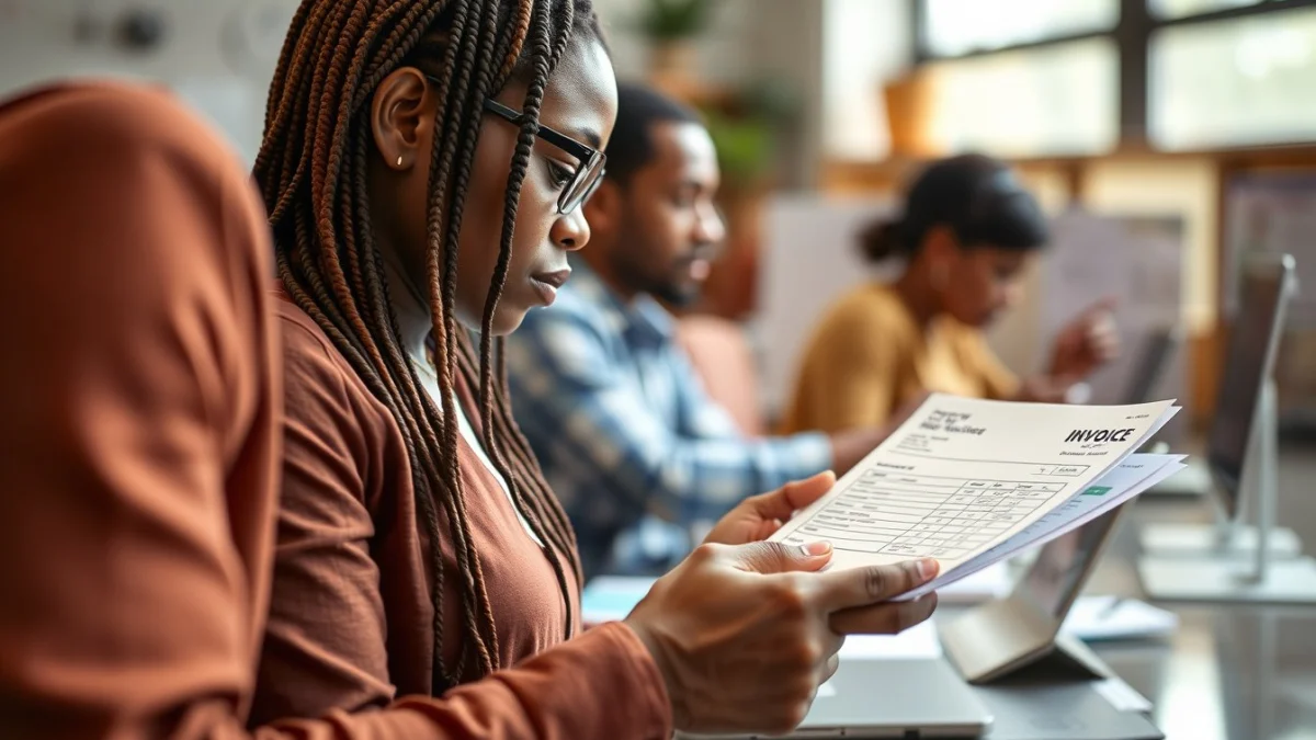 Person learning required information on tax invoices in a modern educational setting