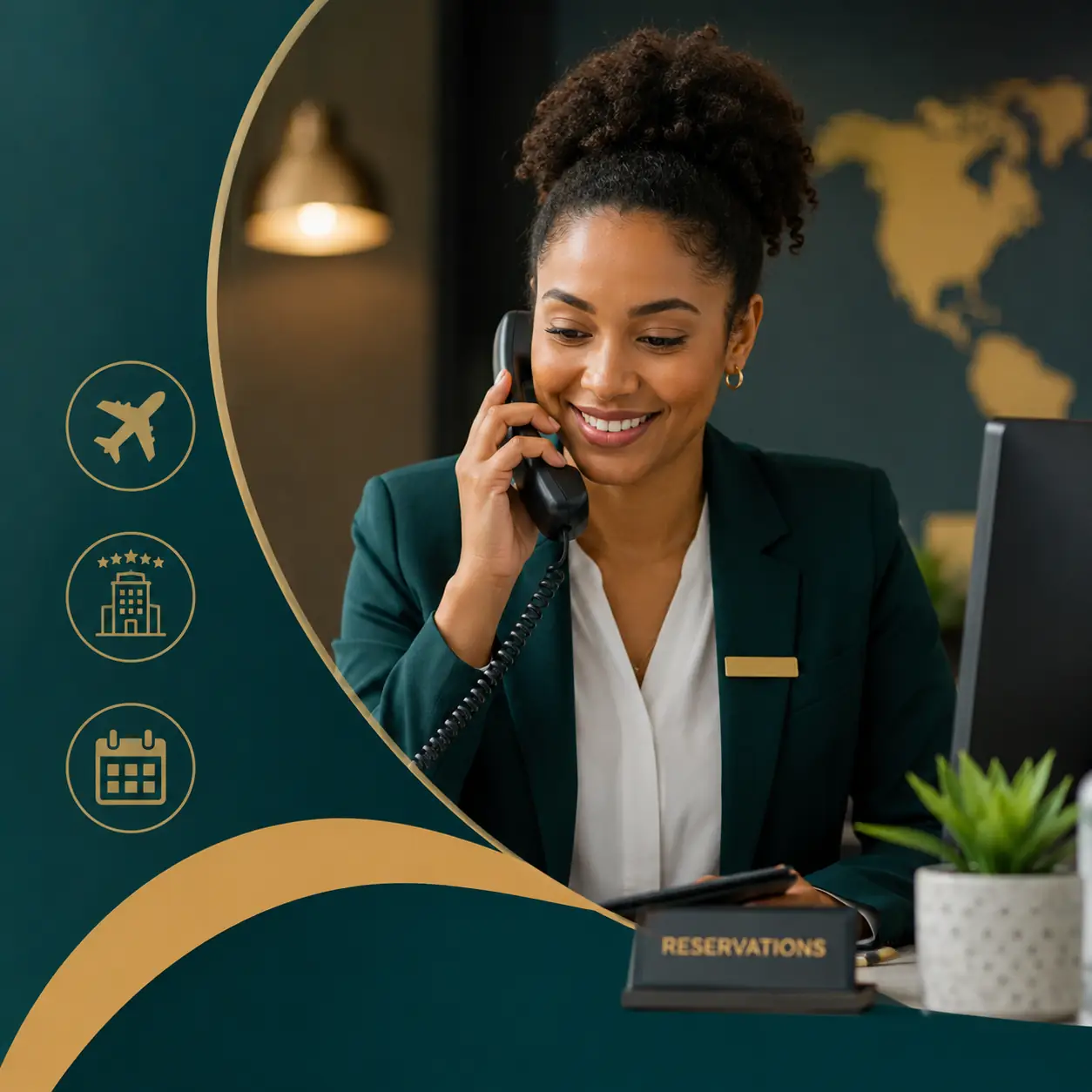 Reservations Agent certificate template featuring a teal geometric design, gold accents, EduCourse branding, and a professional course module layout.