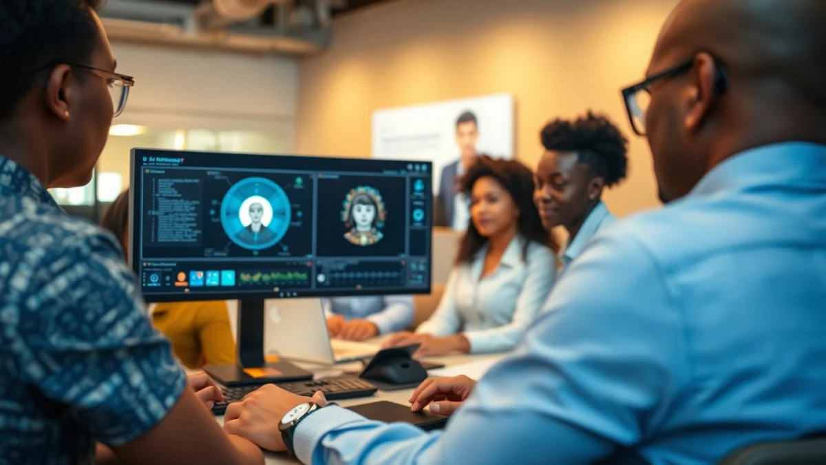 Person learning artificial intelligence skills on a laptop in a modern workspace