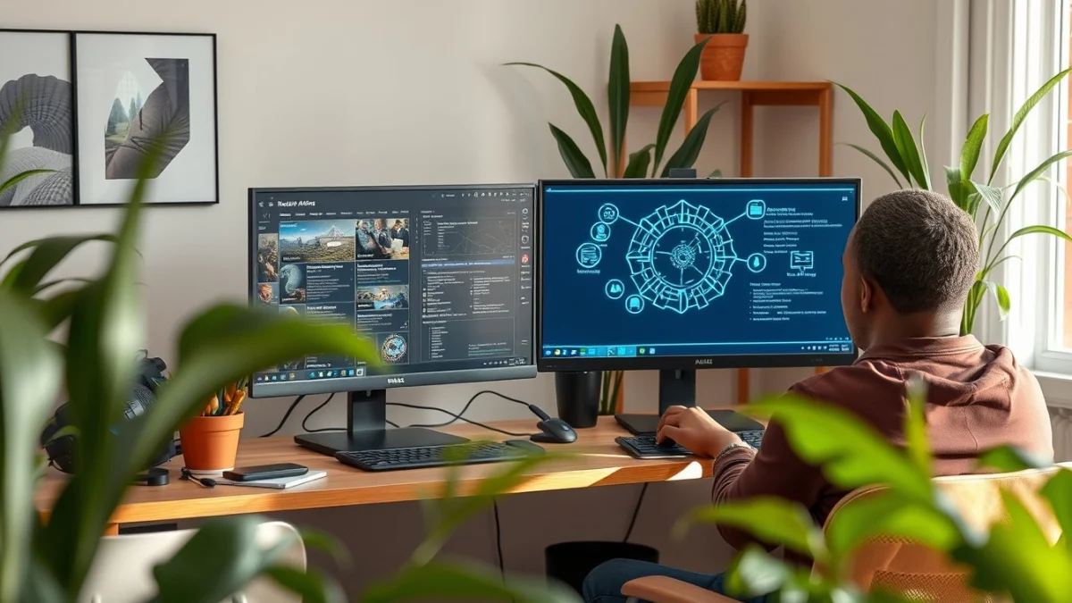 Person learning artificial intelligence skills on a laptop in a modern workspace
