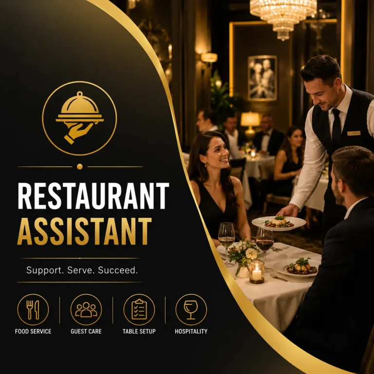 Restaurant Assistant course cover featuring a professional waiter serving guests in a luxury restaurant with an elegant black and gold design.
