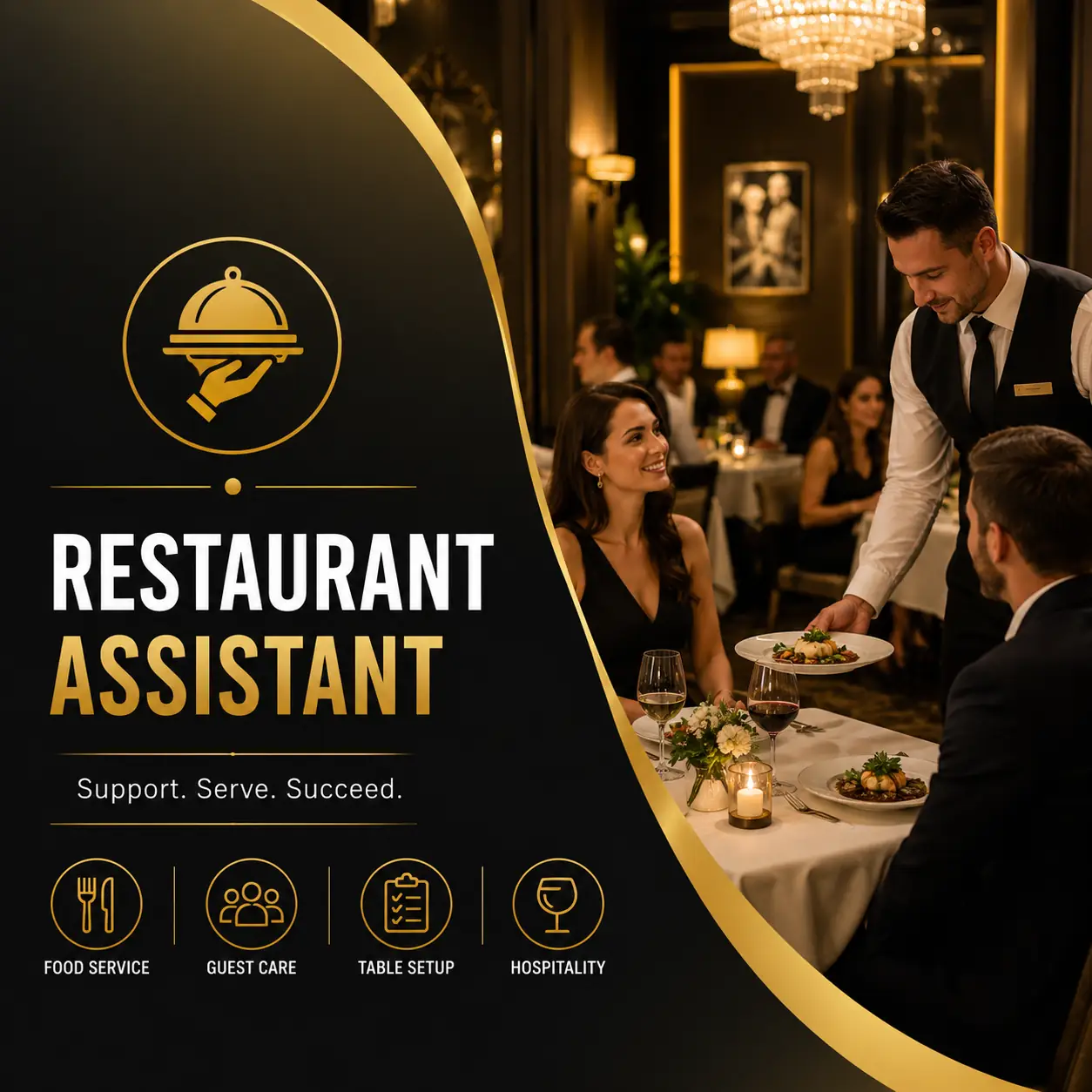 Restaurant Assistant course cover featuring a professional waiter serving guests in a luxury restaurant with an elegant black and gold design.
