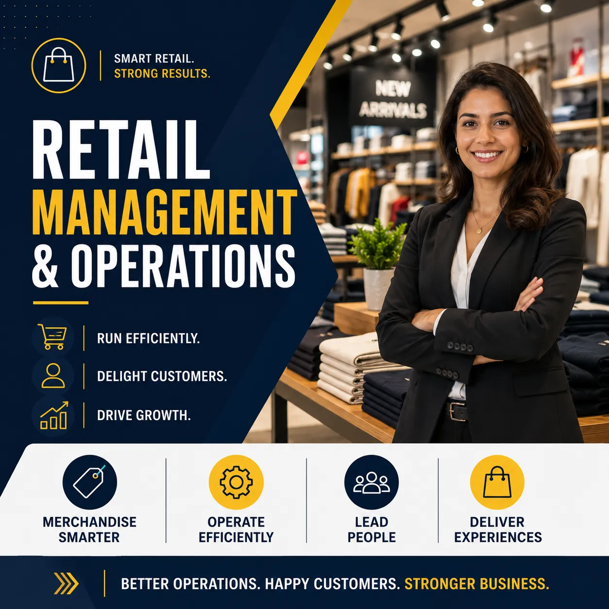 Professional retail management and operations course cover featuring a confident retail manager inside a modern clothing store with merchandising and customer service business visuals.