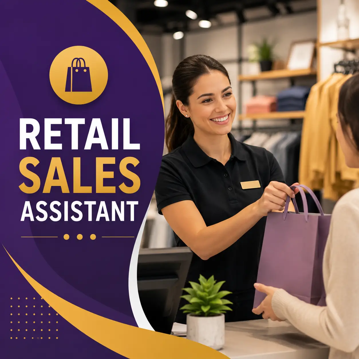 Retail Sales Assistant course cover featuring a friendly retail sales assistant handing a shopping bag to a customer in a modern clothing store with a purple and gold professional design.