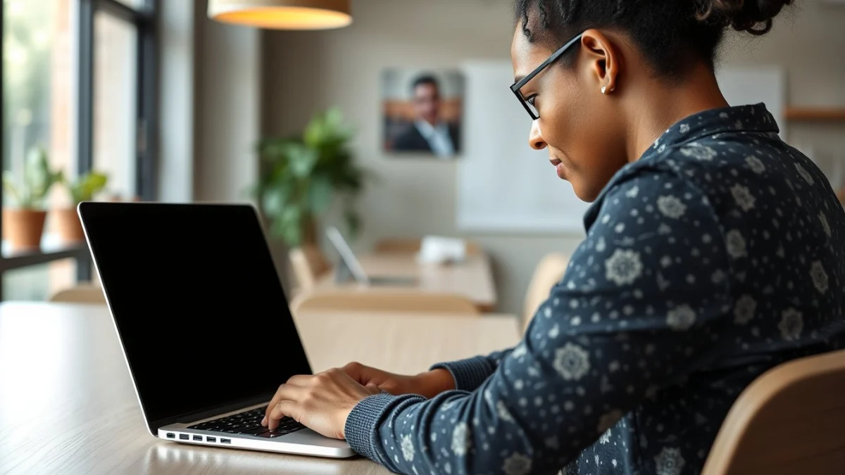 Person learning artificial intelligence skills on a laptop in a modern workspace