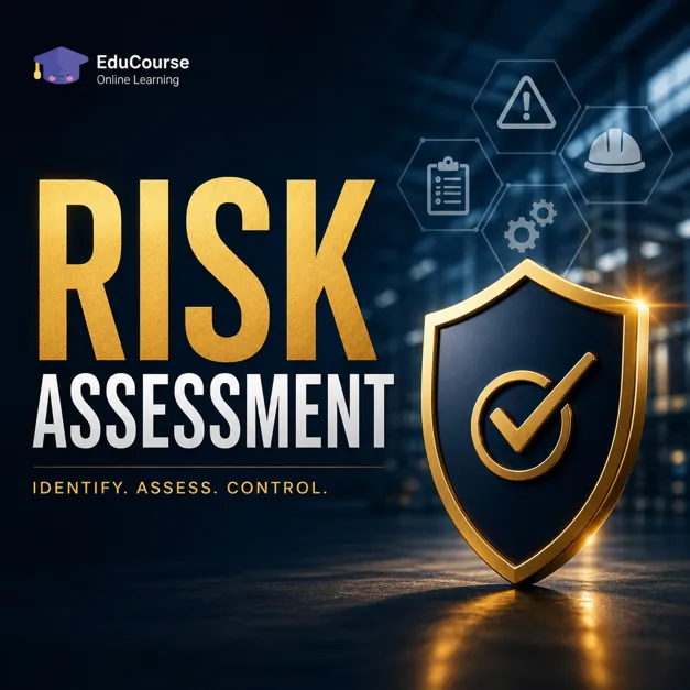 Online risk assessment course cover with gold shield symbol and safety management theme