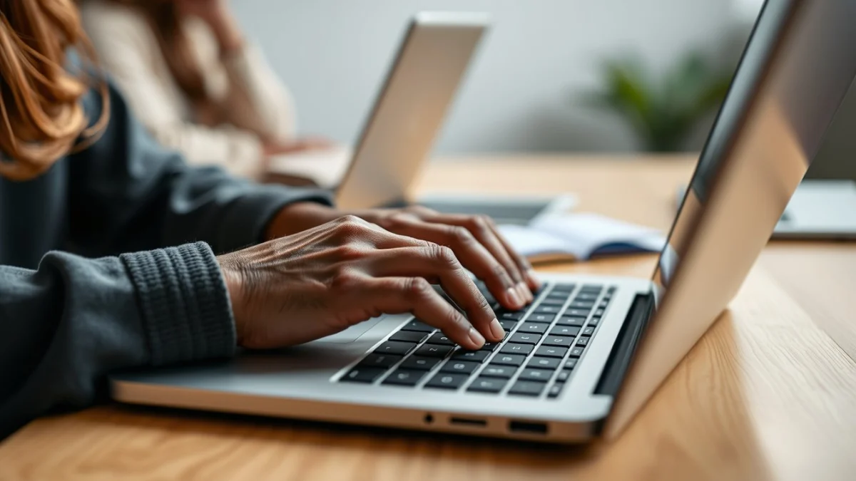 Person learning artificial intelligence skills on a laptop in a modern workspace