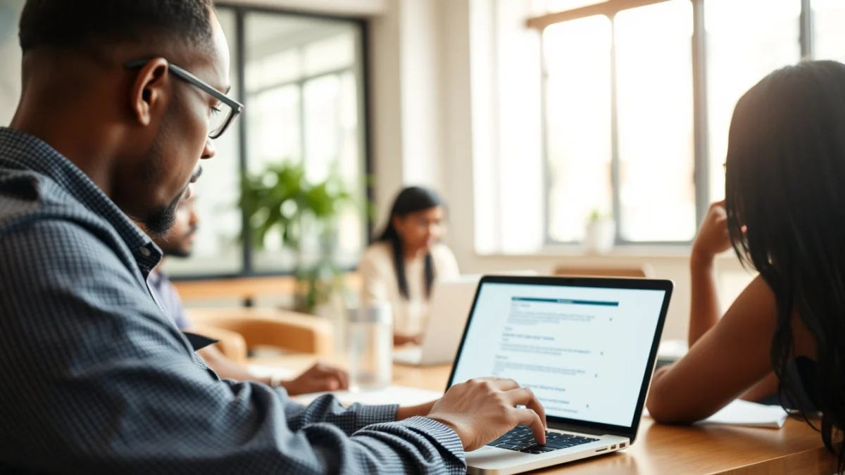 Person learning artificial intelligence skills on a laptop in a modern workspace