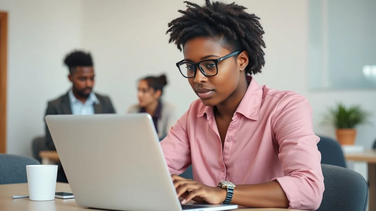 Person learning artificial intelligence skills on a laptop in a modern workspace