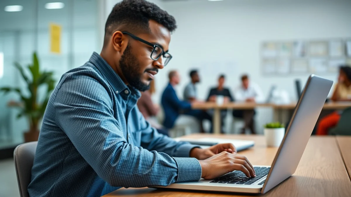 Person learning artificial intelligence skills on a laptop in a modern workspace