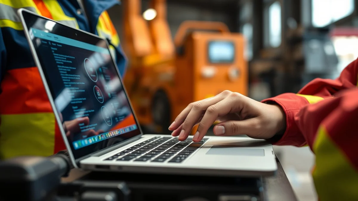 Person learning artificial intelligence skills on a laptop in a modern workspace