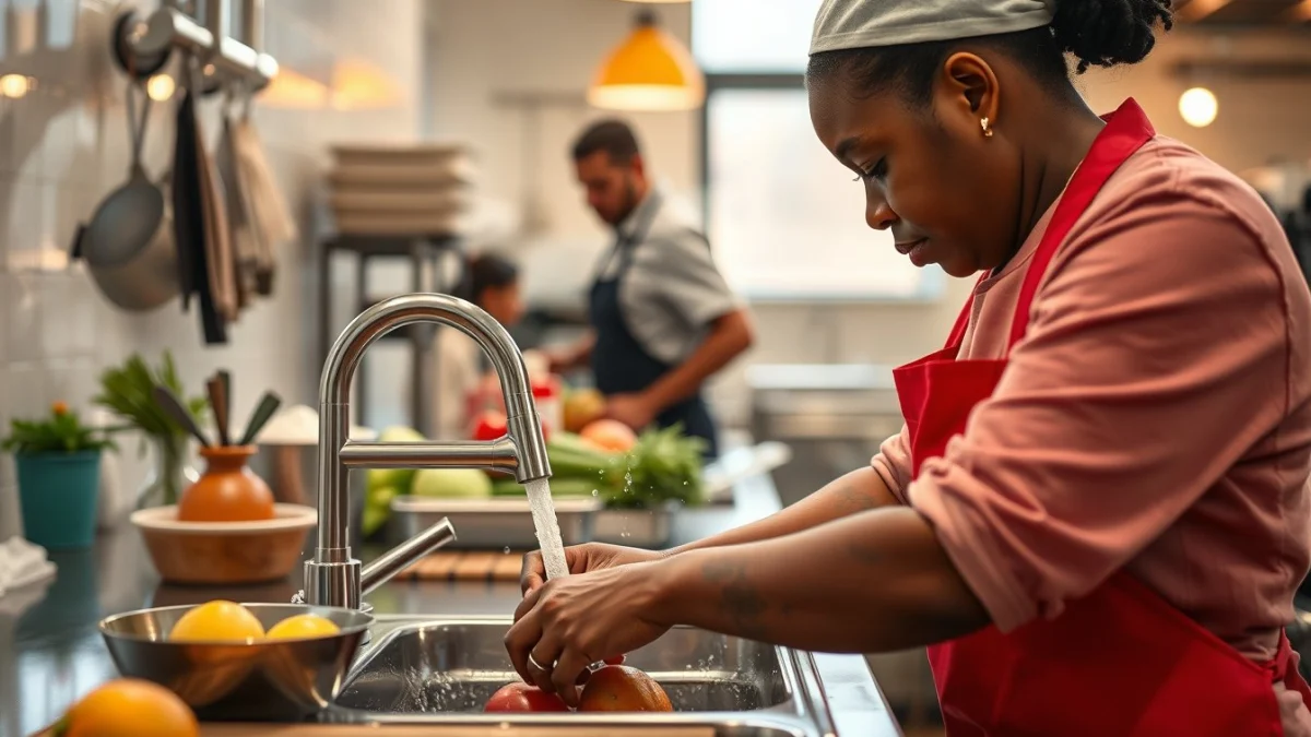 Person learning safe handling and storage of kitchen tools in a modern educational setting