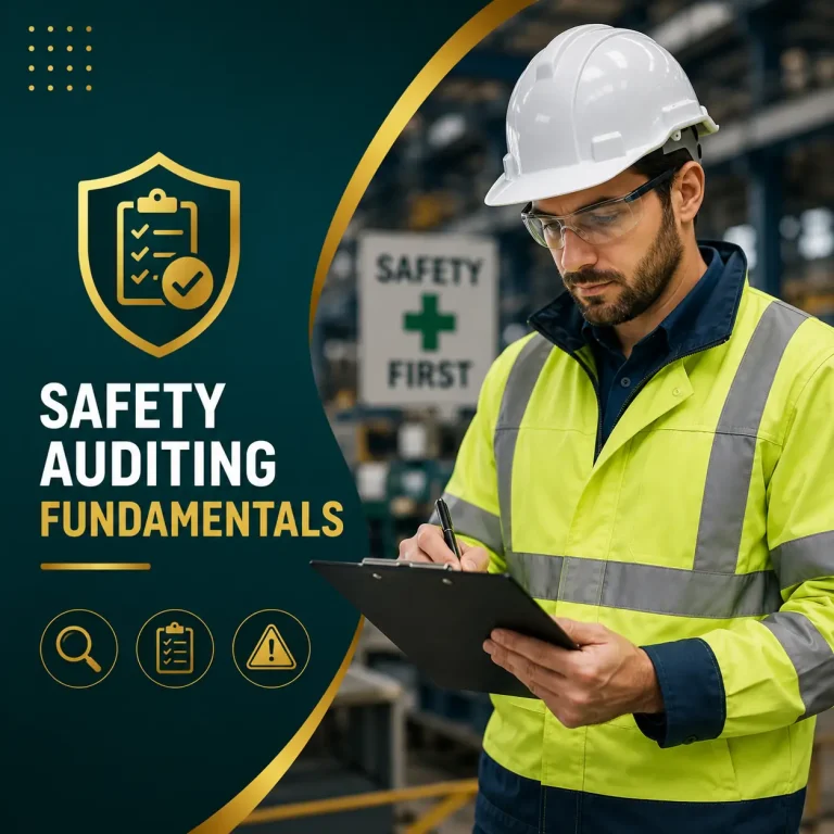 Safety Auditing Fundamentals course cover featuring a workplace safety auditor in high-visibility PPE inspecting safety compliance with a clipboard in an industrial environment.