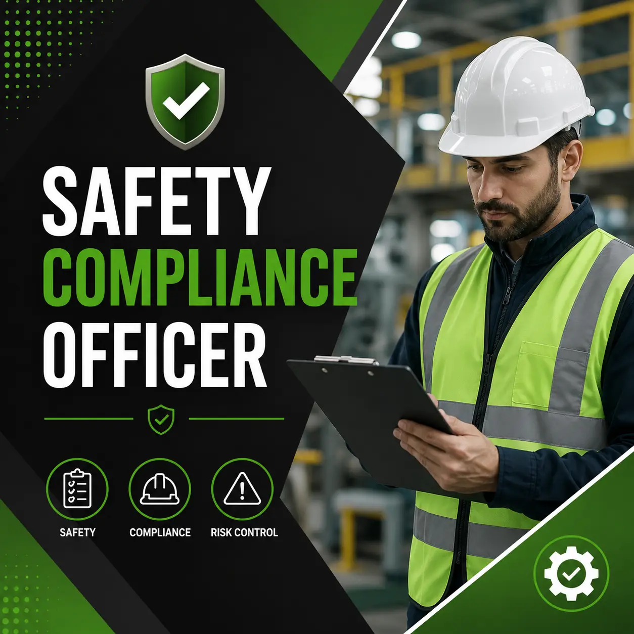 Safety Compliance Officer course cover featuring a workplace safety officer conducting an inspection with a clipboard in an industrial environment.