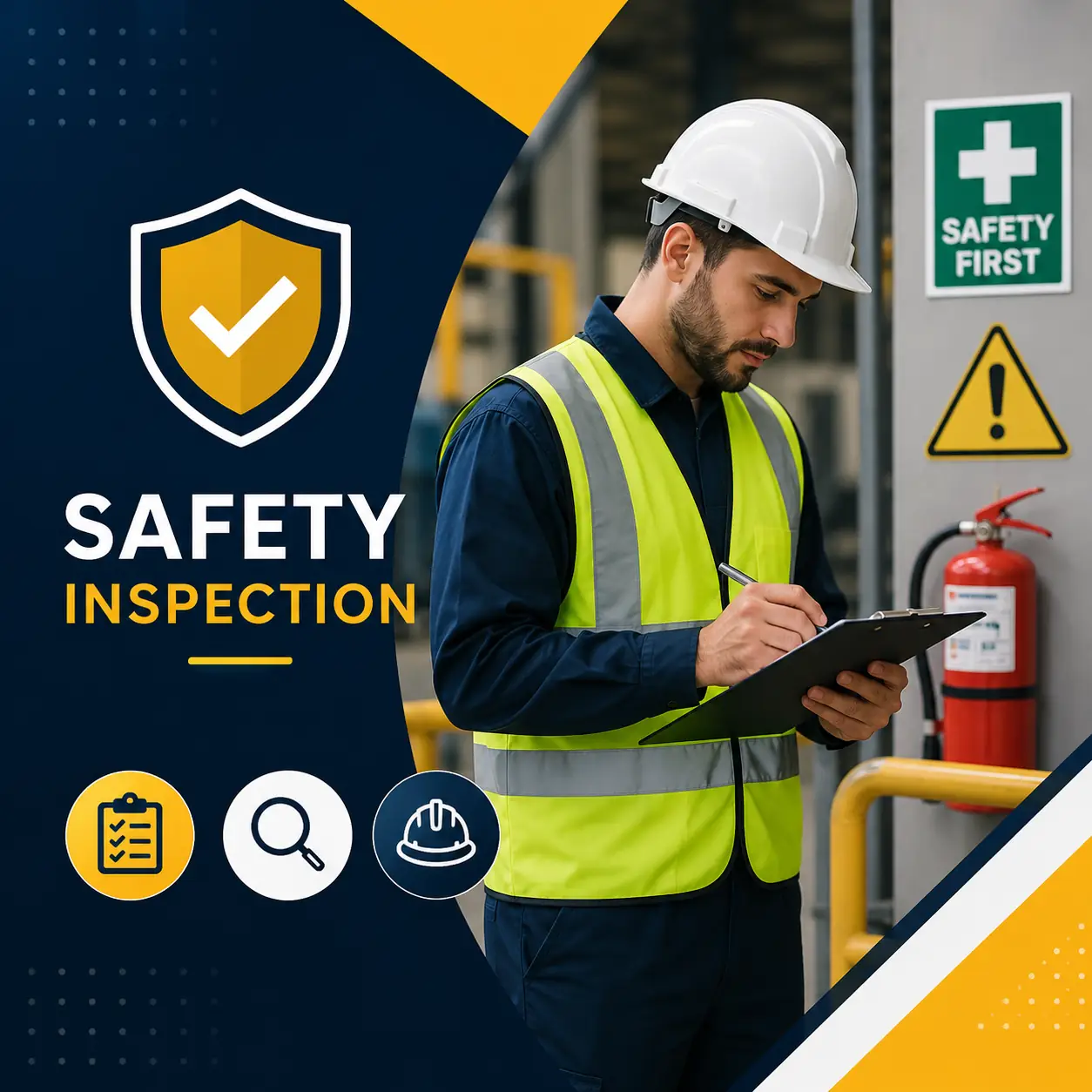 Safety Inspection course cover featuring a workplace safety inspector wearing a hard hat and high-visibility vest conducting a safety inspection with a clipboard in an industrial environment.
