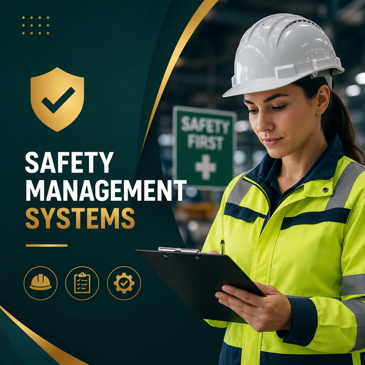 Premium Safety Management Systems course cover featuring a safety officer in protective equipment using a clipboard during a workplace safety inspection.