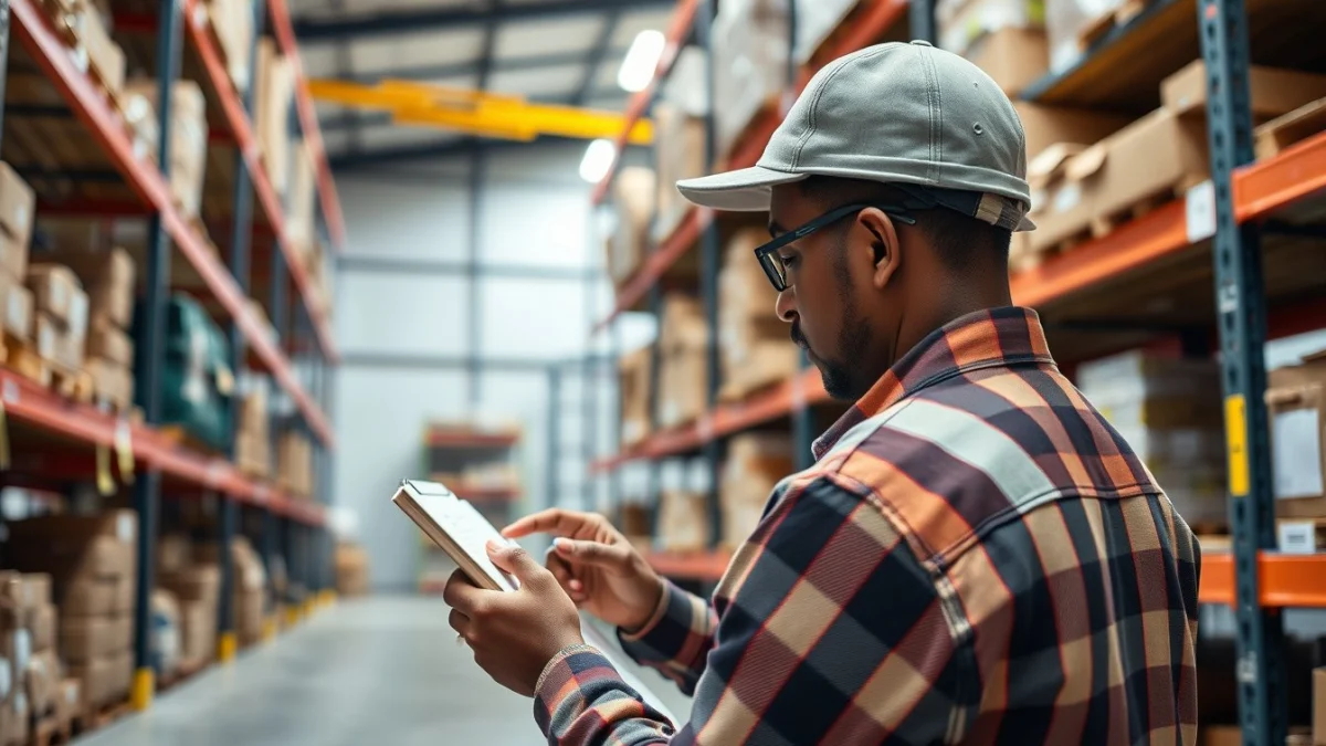 Person learning safety rules in stockrooms and warehouses in a modern educational setting