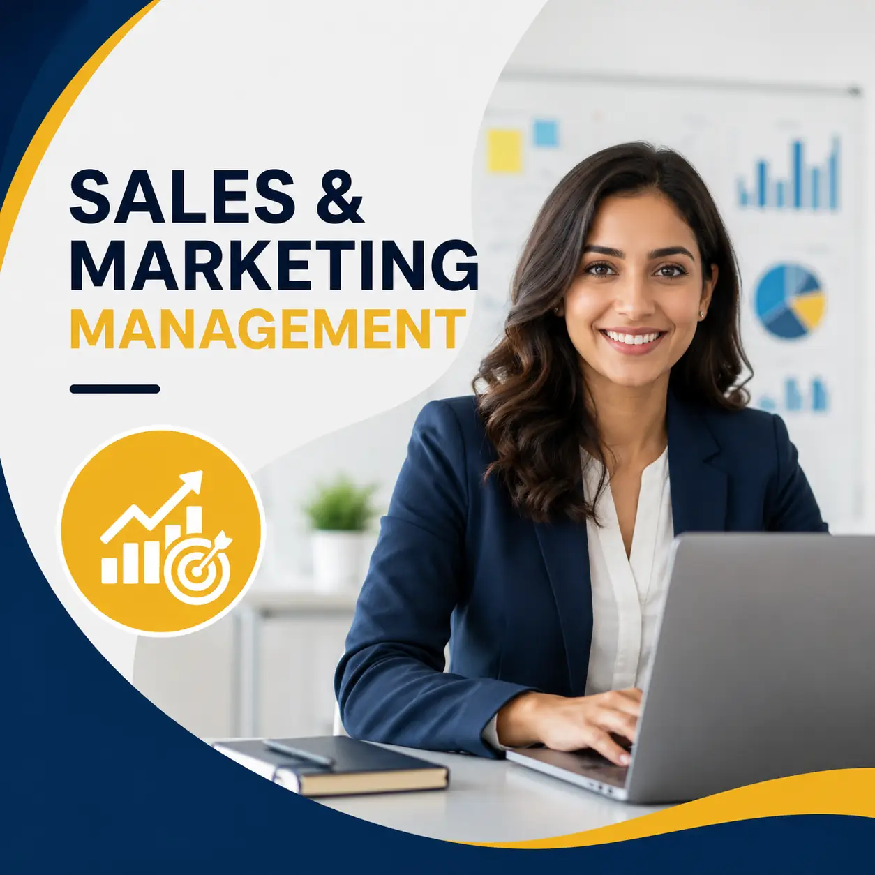 Sales and Marketing Management course cover featuring a marketing professional analysing business performance with charts and a laptop in a modern office.