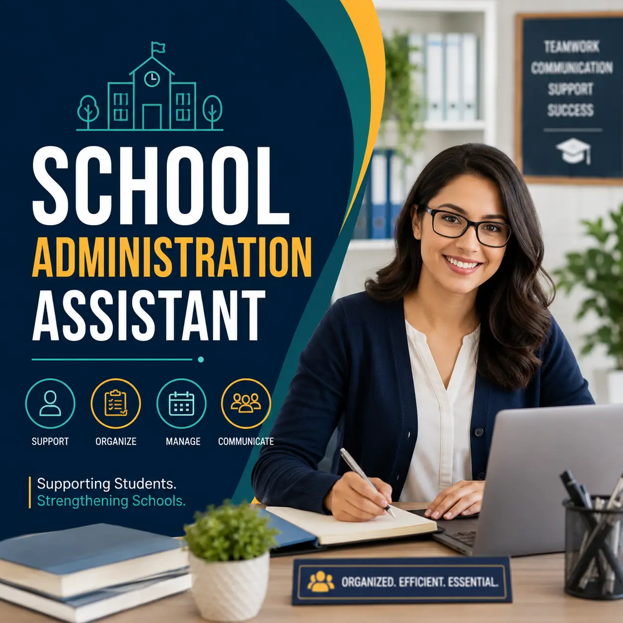 School Administration Assistant course cover featuring a professional school administrator working at a desk with a laptop in a modern school office environment.