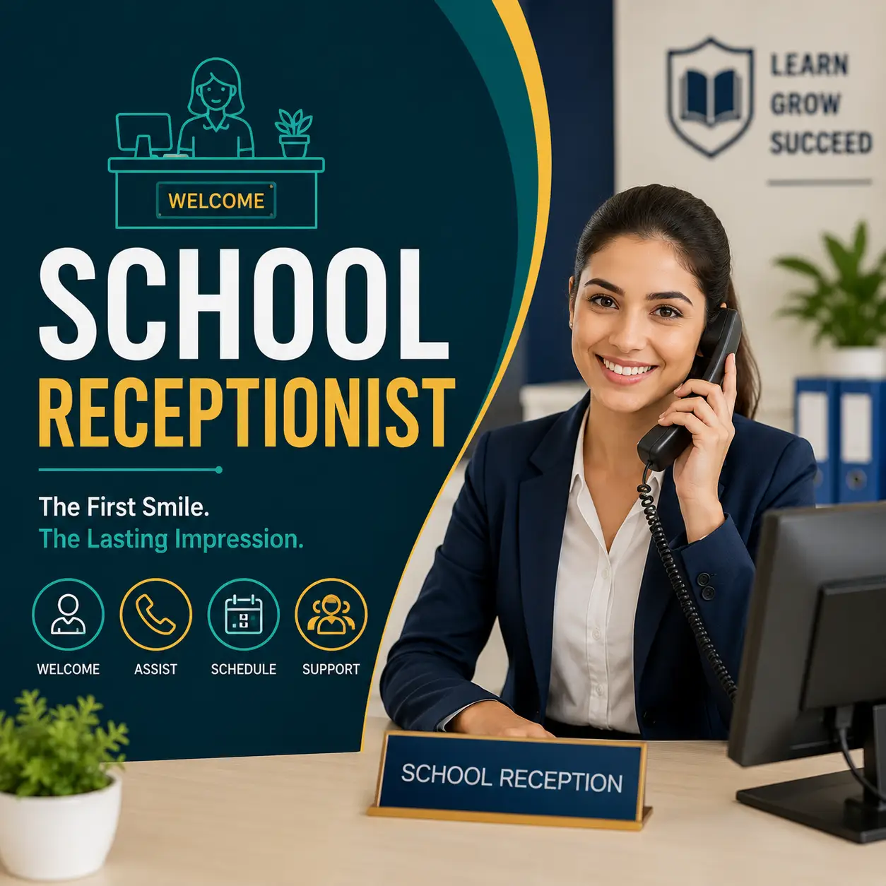 School Receptionist course cover featuring a professional receptionist answering a phone call at a school reception desk.