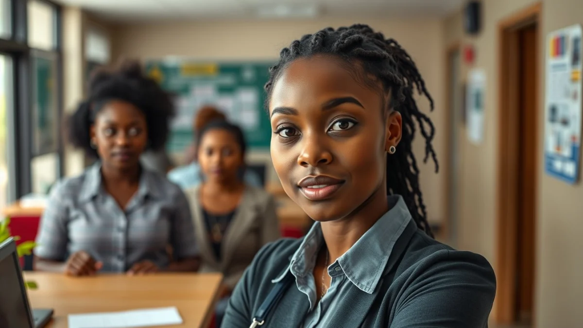 Person learning school receptionist interview questions and answers in a modern educational setting