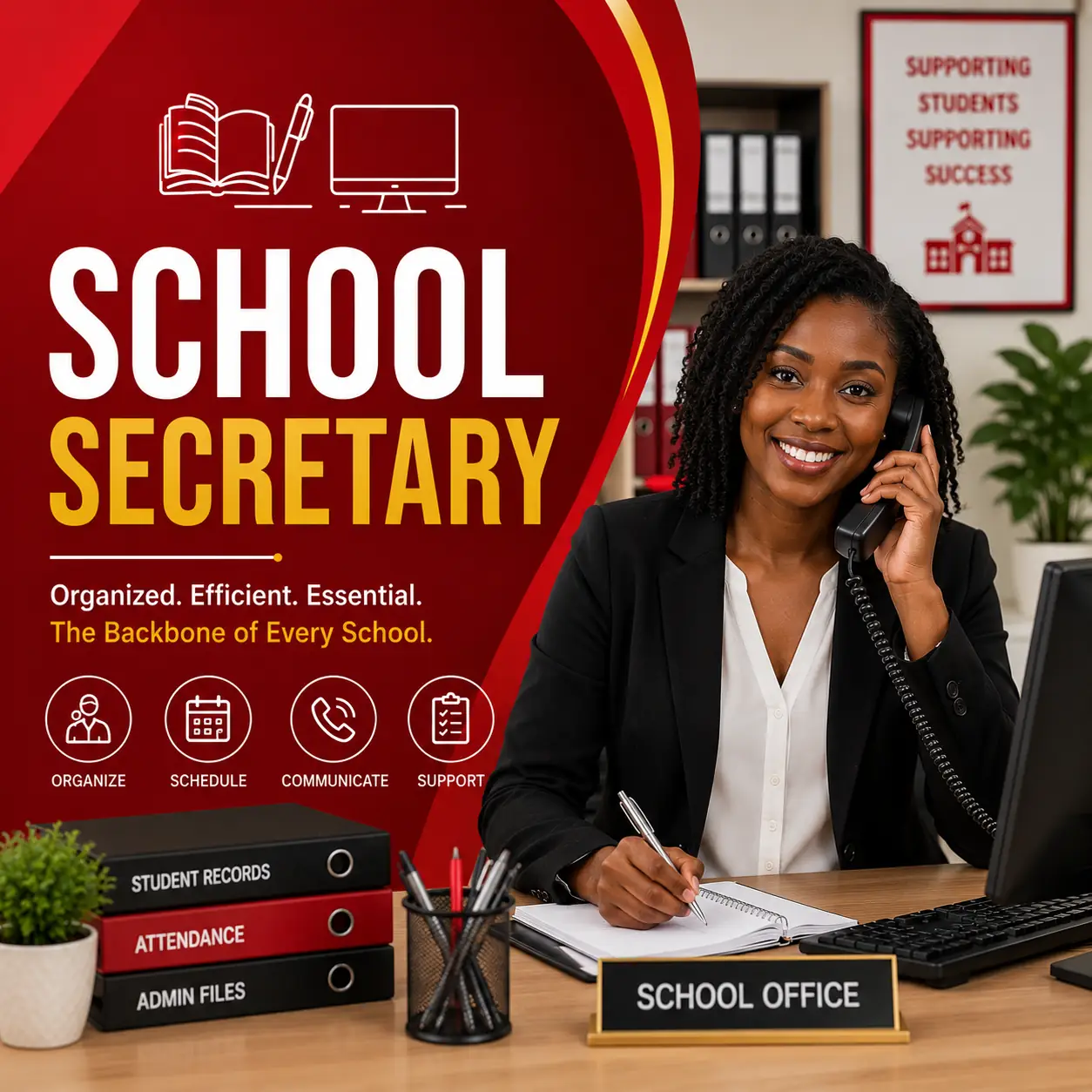 Black female school secretary smiling while answering a telephone at a school office reception desk, featured on a red School Secretary course cover design.