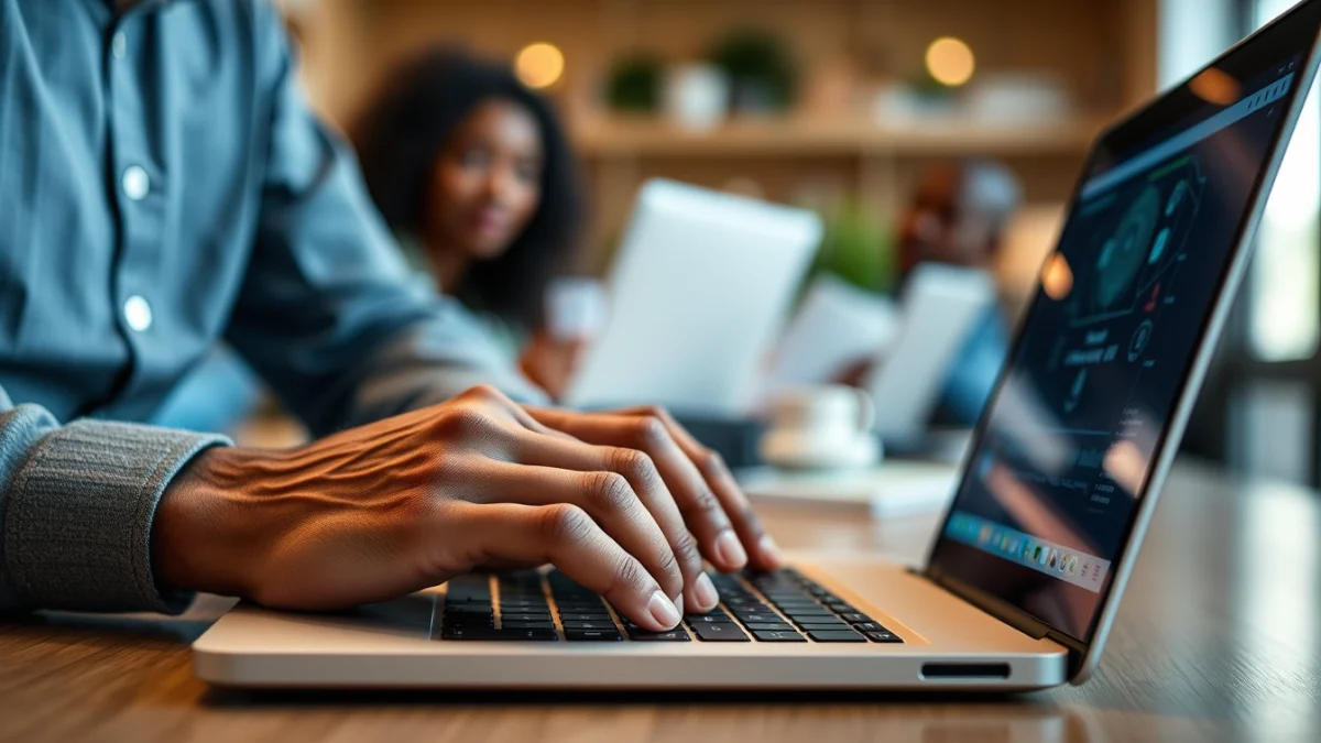 Person learning artificial intelligence skills on a laptop in a modern workspace